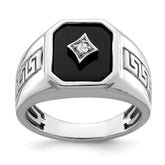 14k White Gold Onyx and Diamond Greek Key Design Mens Ring