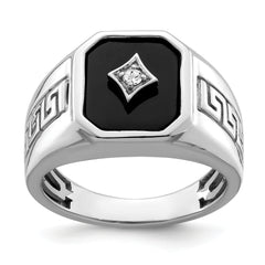 14k White Gold Onyx and Diamond Greek Key Design Mens Ring