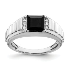 14k White Gold Square Onyx and Diamond Mens Ring