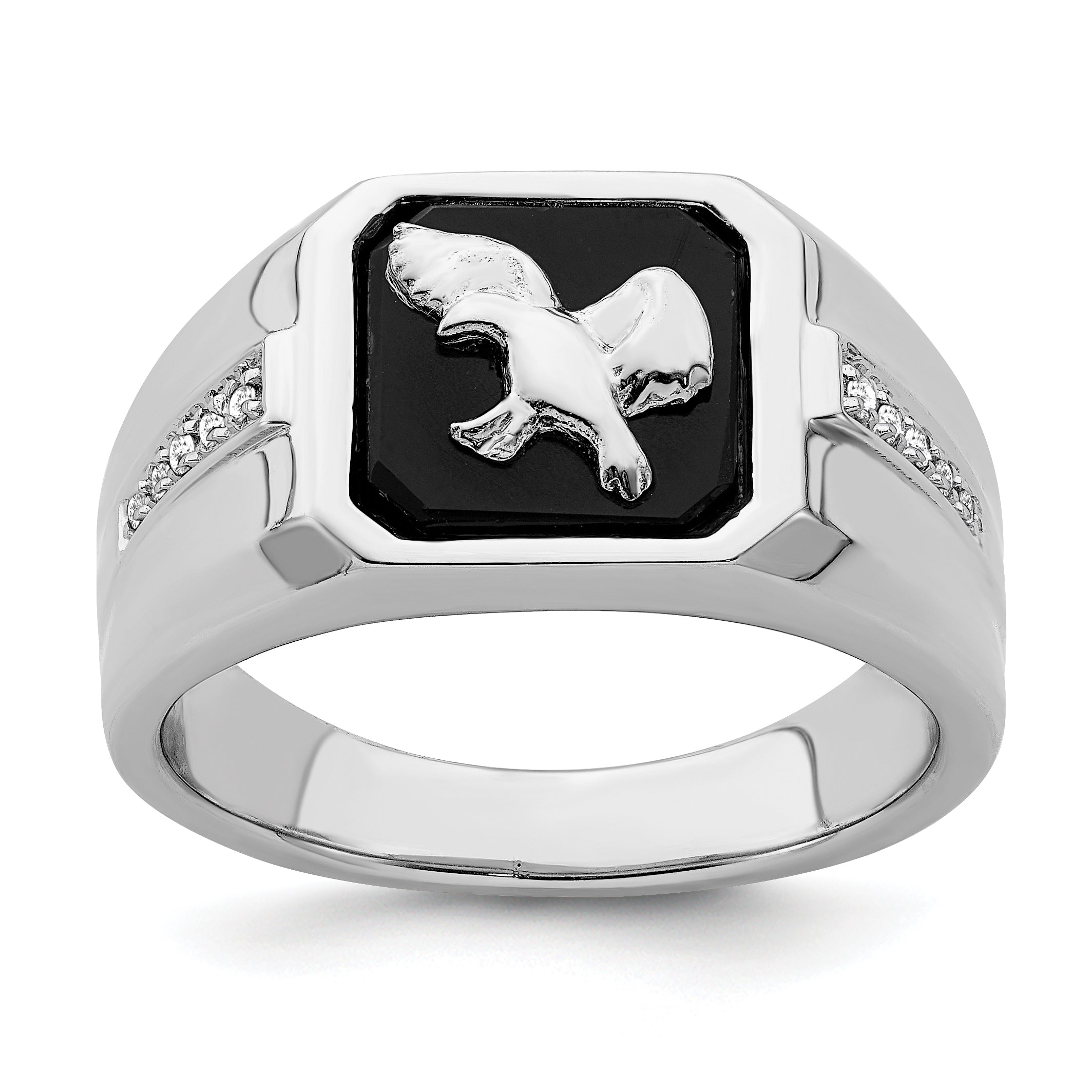 14k White Gold Onyx and Diamond Eagle Mens Ring