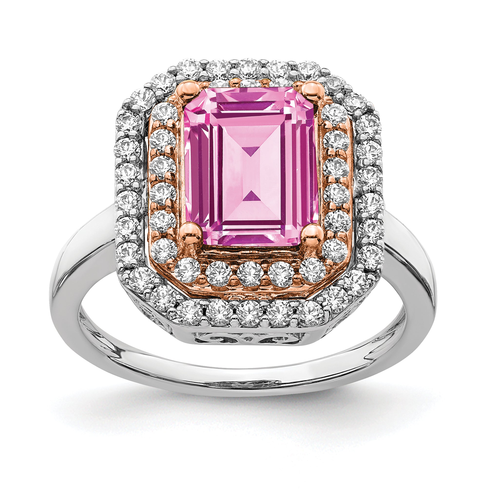 14k Two-Tone Rose and White Gold 5/8 carat Lab Grown Diamond VS/SI+ G+ and Lab Created Pink Sapphire Fashion Ring