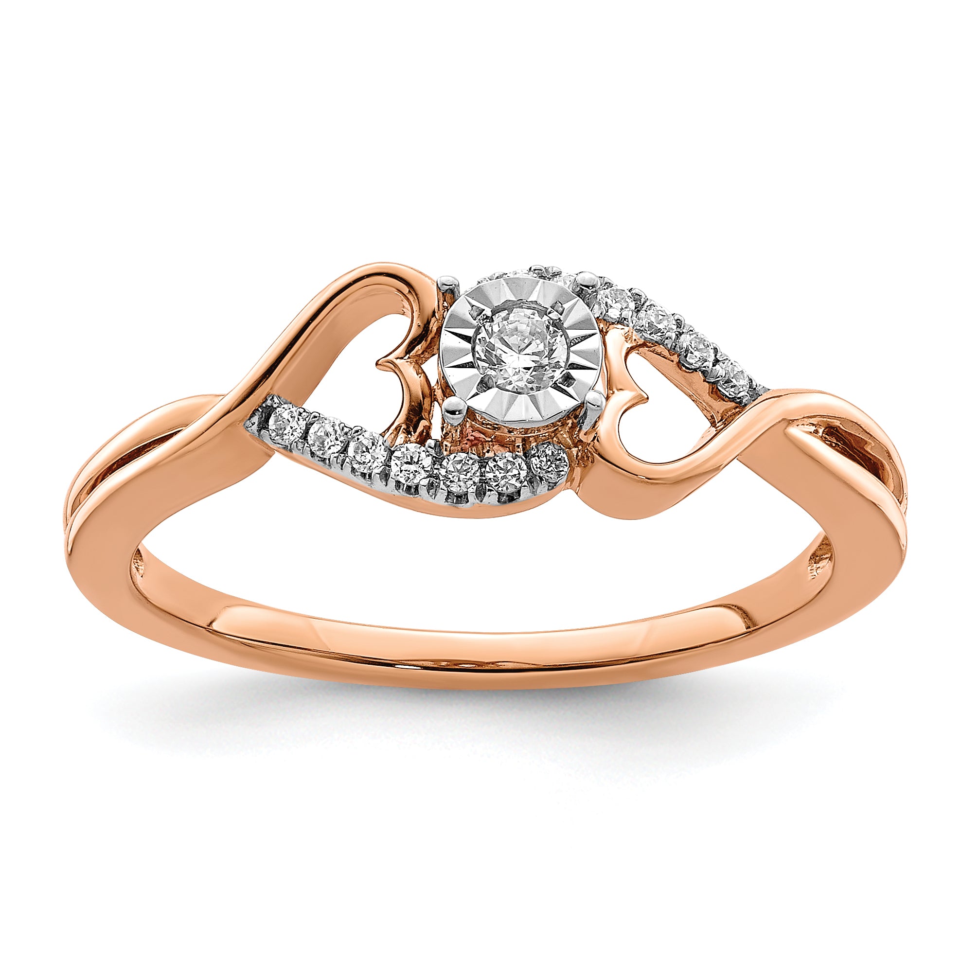 14k Rose Gold Polished Side Hearts Diamond Ring