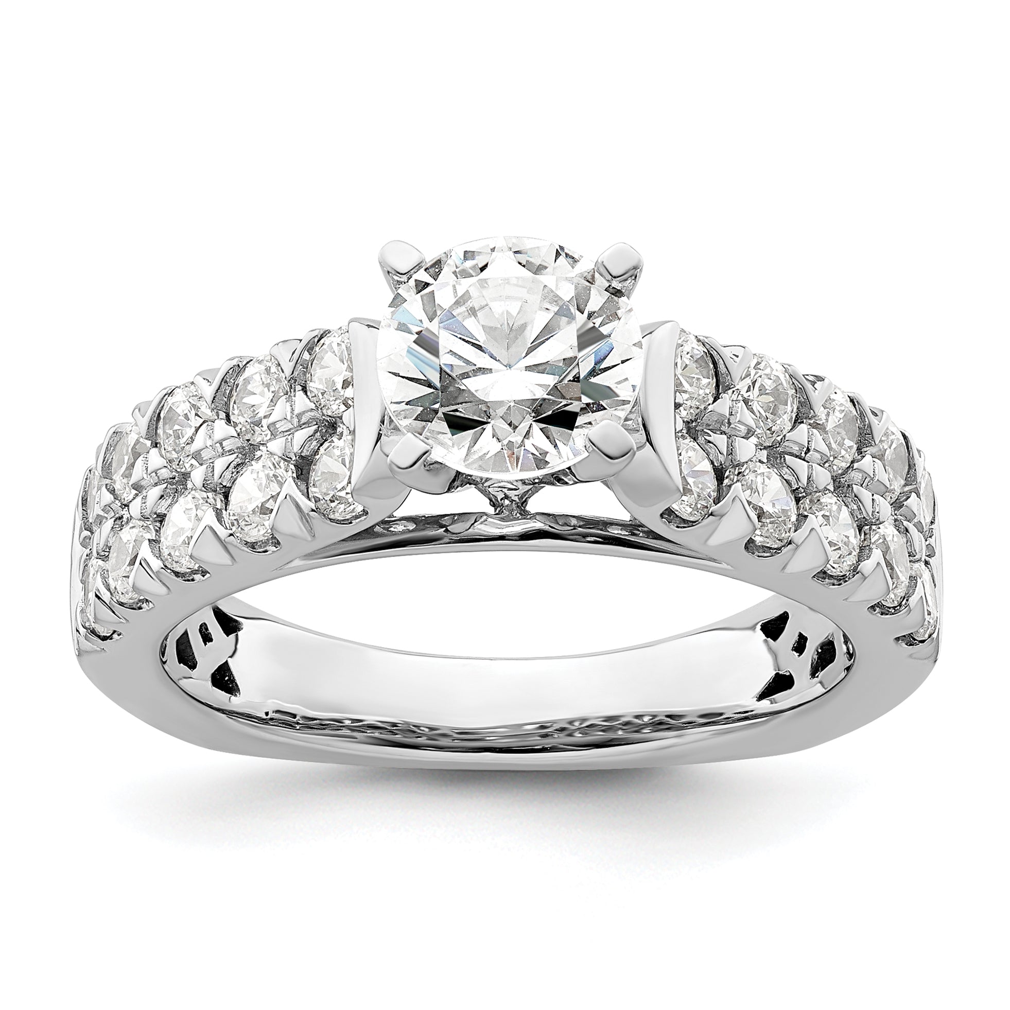 14k White Gold 1 1/10 carat Lab Grown Diamond VS/SI+ G+ 1 carat Center Round Semi Mount Shared Prong Engagement Ring