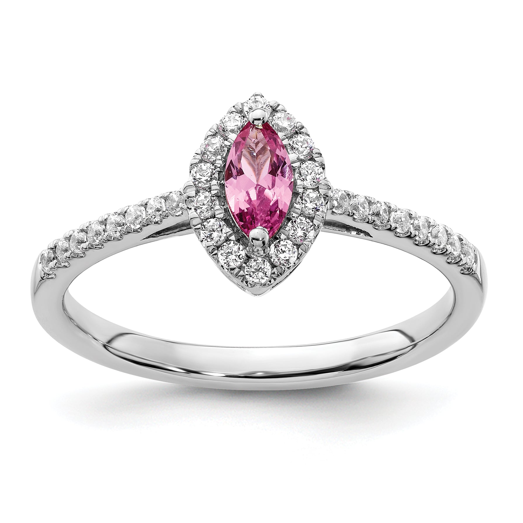 14k White Gold 1/5 carat Lab Grown Diamond VS/SI+ G+ and Lab Created Pink Sapphire October Birthstone Ring