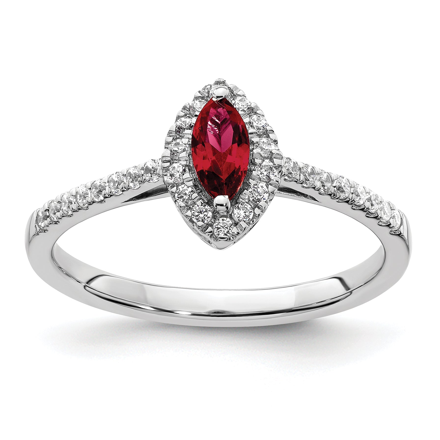 14k White Gold 1/5 carat Lab Grown Diamond VS/SI+ G+ and Lab Created Ruby July Birthstone Ring