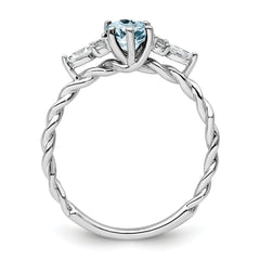 14K White Gold Polished Diamond and Aquamarine Twisted Ring
