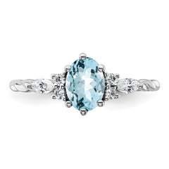 14K White Gold Polished Diamond and Aquamarine Twisted Ring