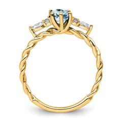 14K Polished Diamond and Aquamarine Twisted Ring