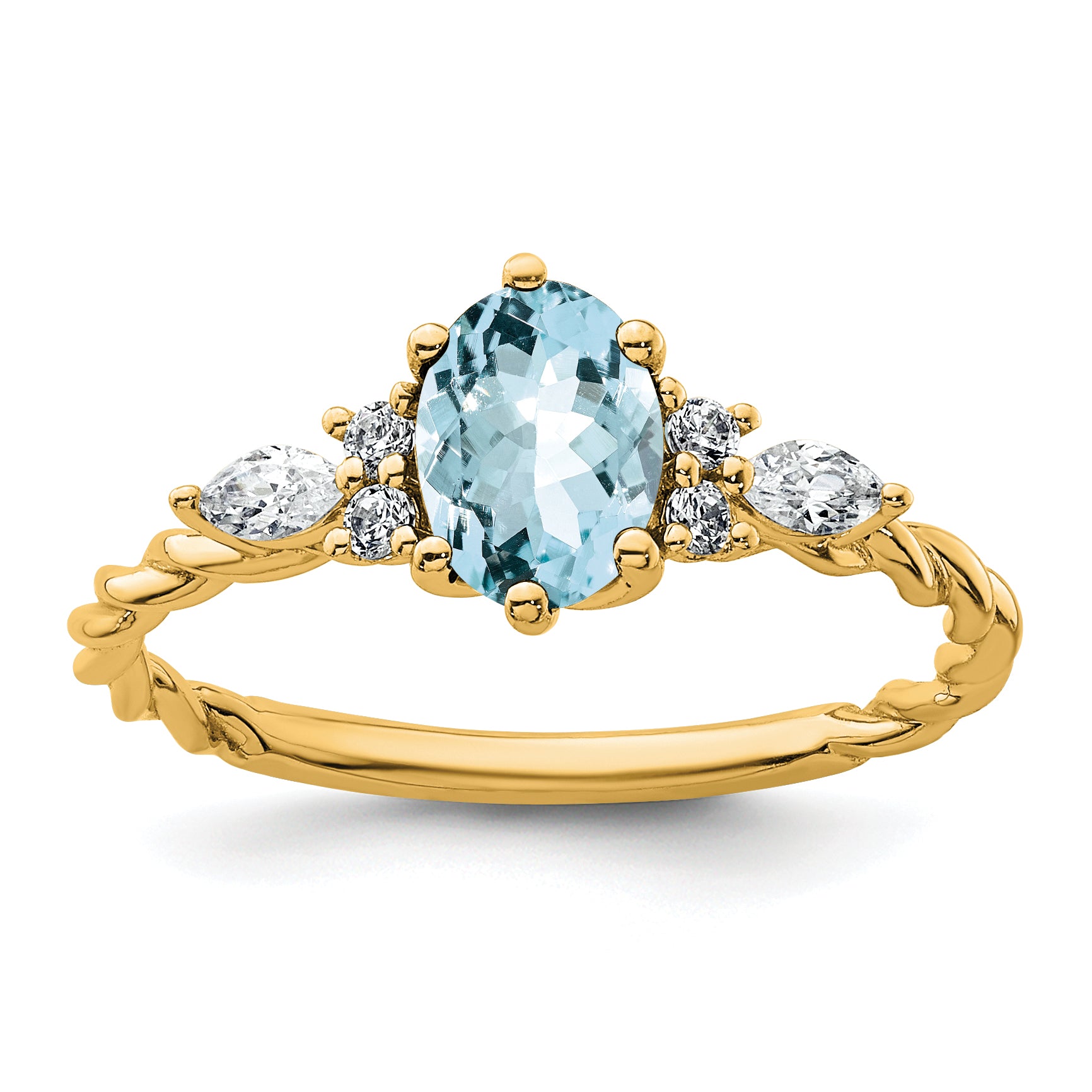 14K Polished Diamond and Aquamarine Twisted Ring
