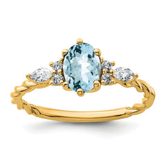 14K Polished Diamond and Aquamarine Twisted Ring