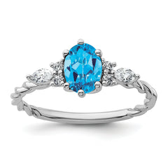 14K White Gold Polished Diamond and Blue Topaz Twisted Ring