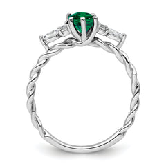 14K White Gold Polished Diamond and Lab Created Emerald Twisted Ring