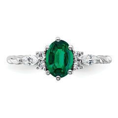 14K White Gold Polished Diamond and Lab Created Emerald Twisted Ring