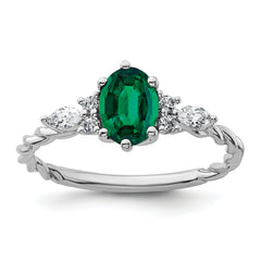 14K White Gold Polished Diamond and Lab Created Emerald Twisted Ring