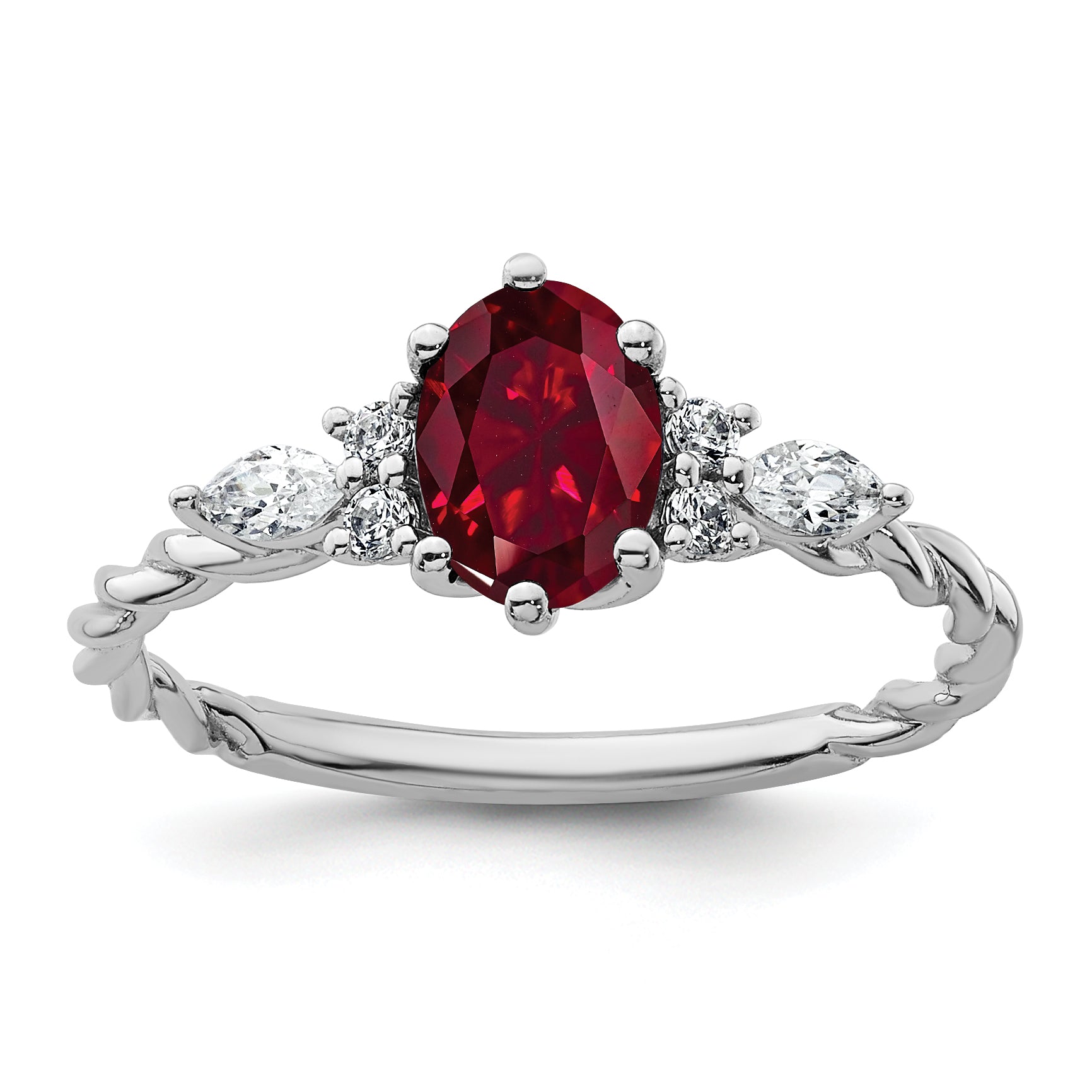 14K White Gold Polished Diamond and Lab Created Ruby Twisted Ring