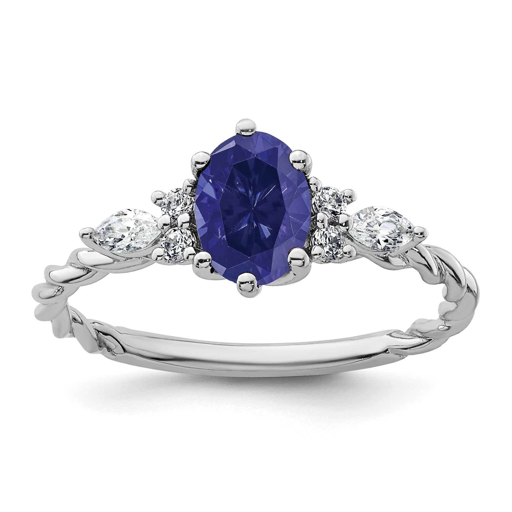 14K White Gold Polished Diamond and Lab Created Sapphire Twisted Ring