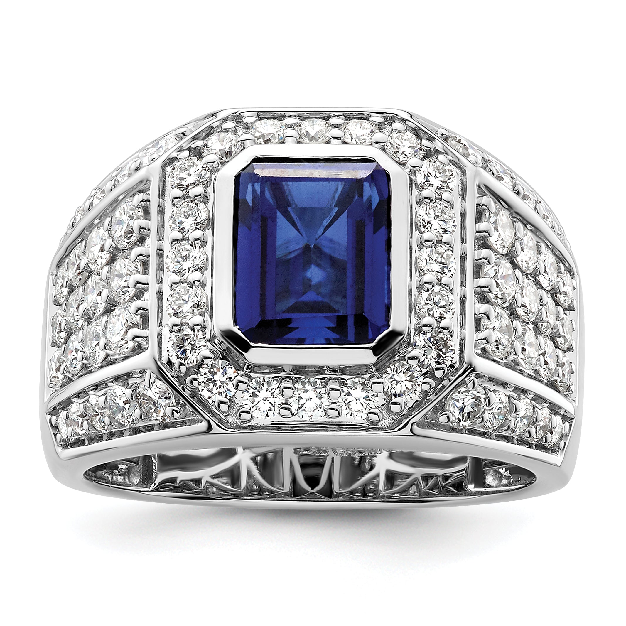 10k White Gold 1 7/8 carat Lab Grown Diamond VS/SI+ G+ and Lab Created Blue Sapphire Men's Ring