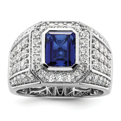 10k White Gold 1 7/8 carat Lab Grown Diamond VS/SI+ G+ and Lab Created Blue Sapphire Men's Ring