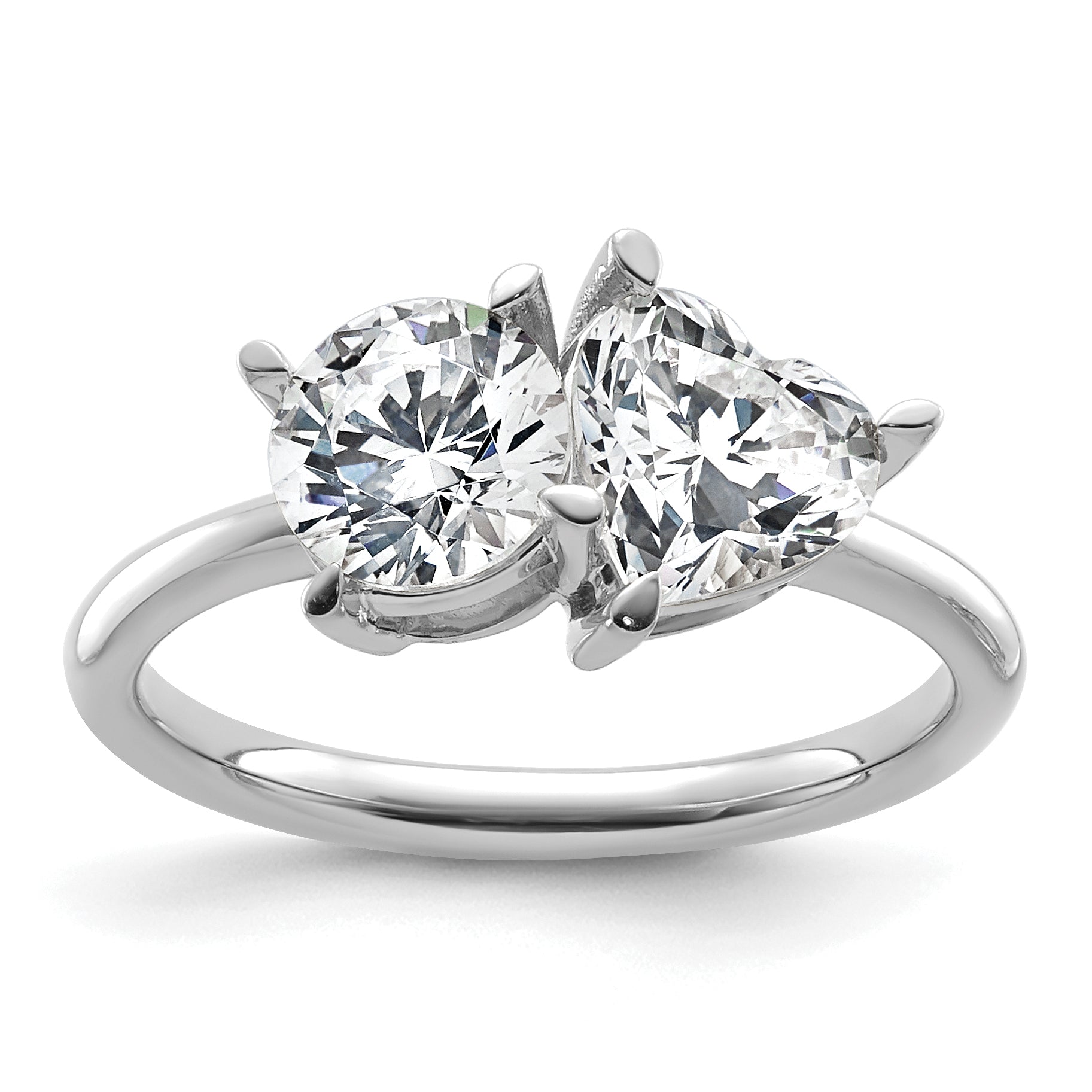 14k White Gold 2 1/8 carat Lab Grown Diamond VS+ F+ Round and Heart Complete Asymmetrical Two Stone Engagement Ring