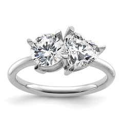 14k White Gold 2 1/8 carat Lab Grown Diamond VS+ F+ Round and Heart Complete Asymmetrical Two Stone Engagement Ring