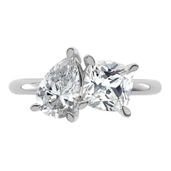 14k White Gold 2 carat Lab Grown Diamond VS+ F+ Cushion and Pear Complete Asymmetrical Two Stone Engagement Ring