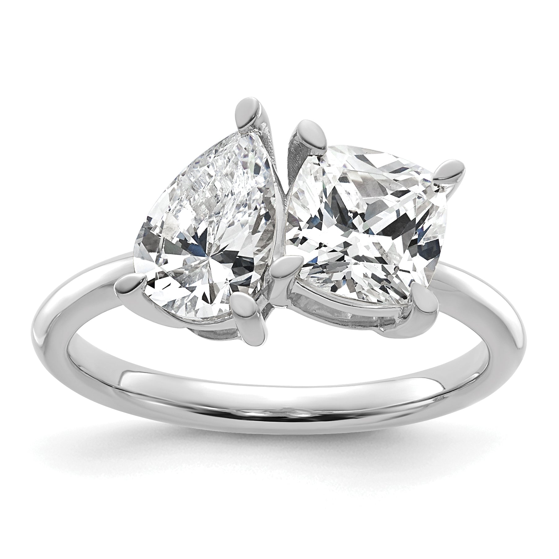 14k White Gold 2 carat Lab Grown Diamond VS+ F+ Cushion and Pear Complete Asymmetrical Two Stone Engagement Ring