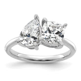 14k White Gold 2 carat Lab Grown Diamond VS+ F+ Cushion and Pear Complete Asymmetrical Two Stone Engagement Ring