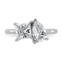 14k White Gold 2 carat Lab Grown Diamond VS+ F+ Princess and Pear Complete Asymmetrical Two Stone Engagement Ring