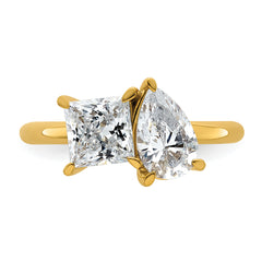 14k 2 carat Lab Grown Diamond VS+ F+ Princess and Pear Complete Asymmetrical Two Stone Engagement Ring