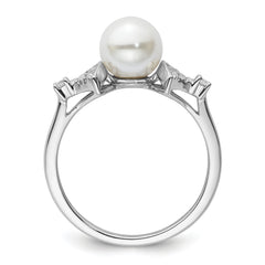 14K White Gold Polished 1/10 carat Diamond and White Freshwater Cultured Pearl Size 7 Ring