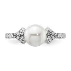 14K White Gold Polished 1/10 carat Diamond and White Freshwater Cultured Pearl Size 7 Ring