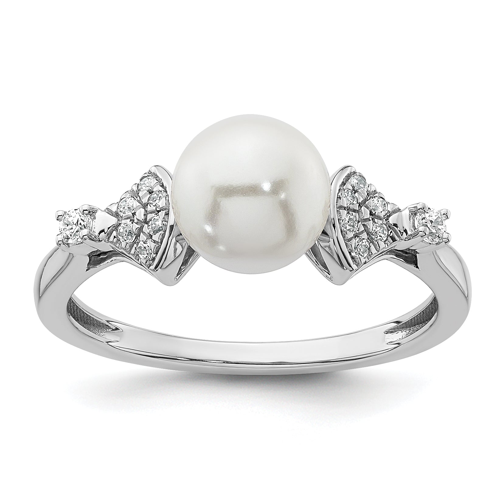 14K White Gold Polished 1/10 carat Diamond and White Freshwater Cultured Pearl Size 7 Ring
