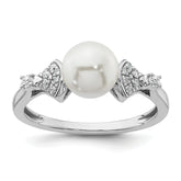14K White Gold Polished 1/10 carat Diamond and White Freshwater Cultured Pearl Size 7 Ring