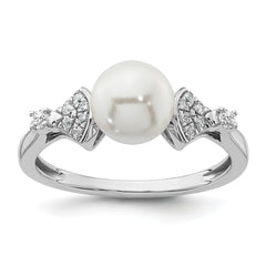 14K White Gold Polished 1/10 carat Diamond and White Freshwater Cultured Pearl Size 7 Ring
