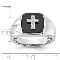 Sterling Silver Polished Onyx & Diamond Cross Men's Ring