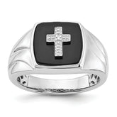 Sterling Silver Polished Onyx & Diamond Cross Men's Ring