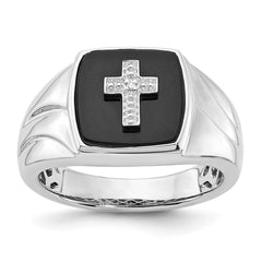 Sterling Silver Polished Onyx & Diamond Cross Men's Ring
