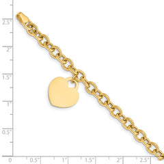 14K Engravable 18x15mm Solid Dangle Heart Charm and Hollow Chain 7.25 inch Bracelet