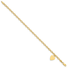 14K Engravable 14x10mm Solid Dangle Heart Charm and Hollow Chain 7.5 inch Bracelet