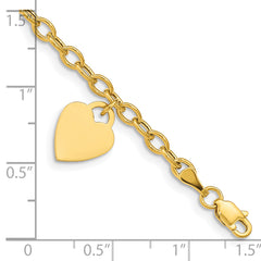 14K Engravable 14x10mm Solid Dangle Heart Charm and Hollow Chain 7.5 inch Bracelet