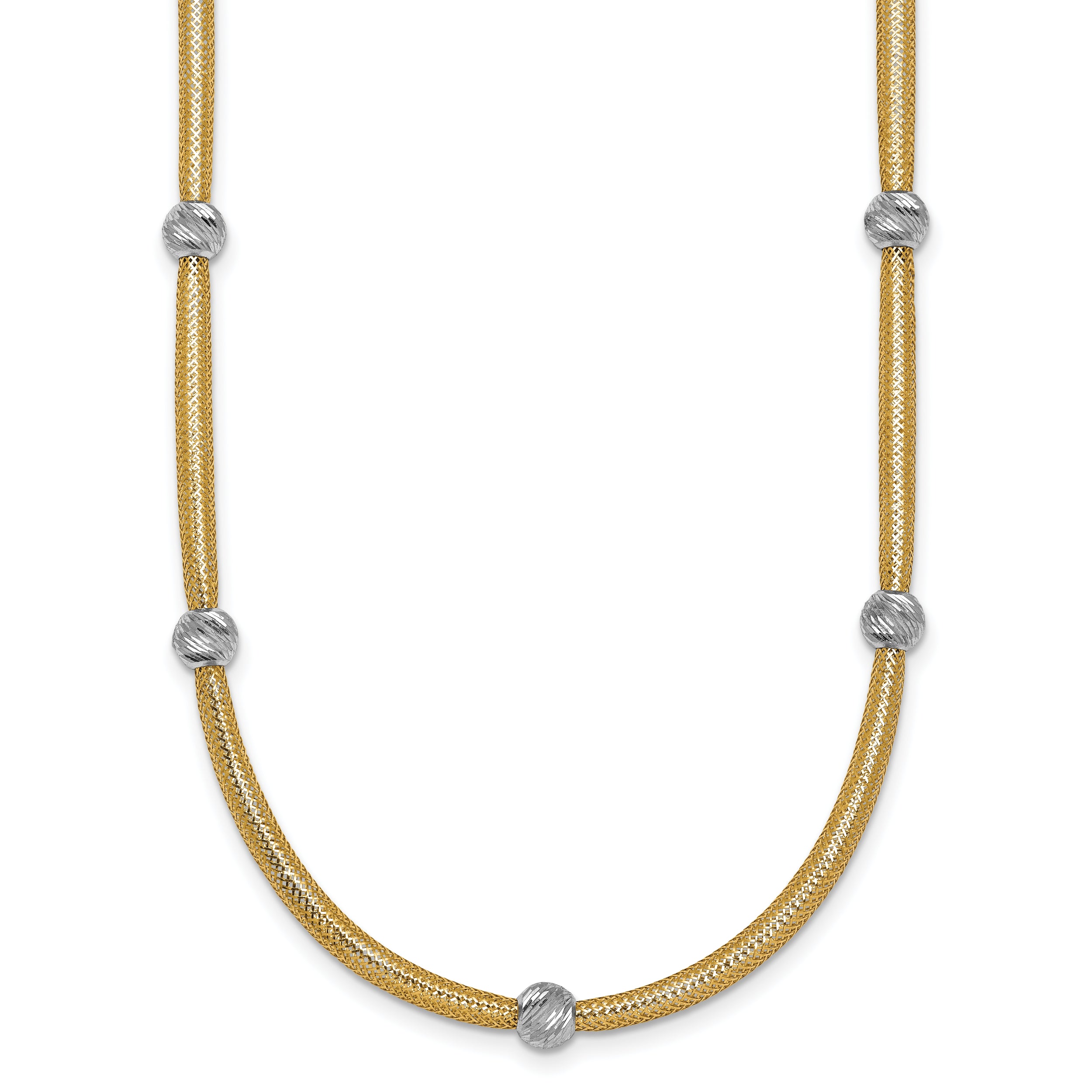 14k Polished with Rhodium 5-Station Diamond-cut Beads 4mm Flexible Mesh 18 inch Necklace