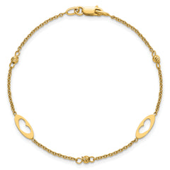 14k Polished Cut-out Hearts and Diamond-cut Beads 7.5 inch Bracelet