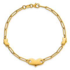 14k Polished Paperclip Link With Three Hearts 7.5 inch Bracelet