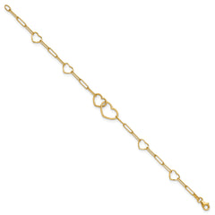 14k Polished Double Hearts and Paper Clip Links 7.5 inch Bracelet