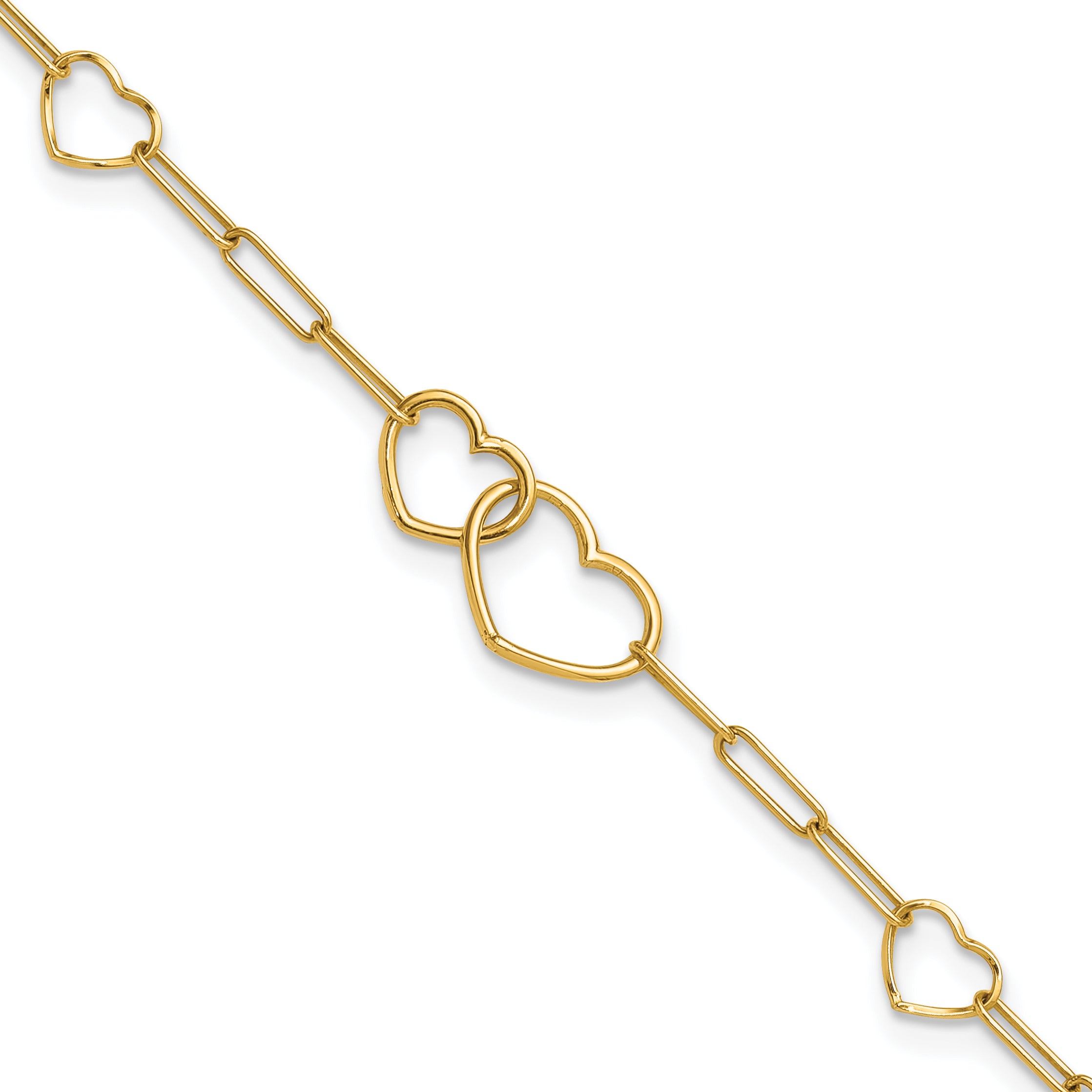 14k Polished Double Hearts and Paper Clip Links 7.5 inch Bracelet