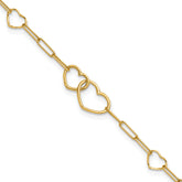 14k Polished Double Hearts and Paper Clip Links 7.5 inch Bracelet