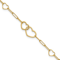 14k Polished Double Hearts and Paper Clip Links 7.5 inch Bracelet