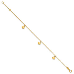 14k Polished Three Puffed Heart Dangle 6.5 inch Childrens Bracelet Plus 0.75 inch Extender