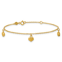 14k Polished Three Puffed Heart Dangle 6.5 inch Childrens Bracelet Plus 0.75 inch Extender