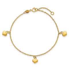 14k Polished Three Puffed Heart Dangle 6.5 inch Childrens Bracelet Plus 0.75 inch Extender